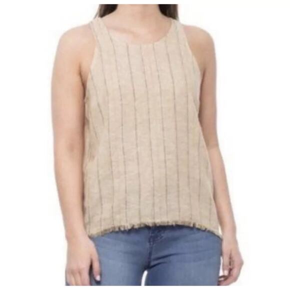 DREW Tank Top Sand Beige Burlap Striped Sleeveless Fringed Linen Blend - Picture 3 of 9